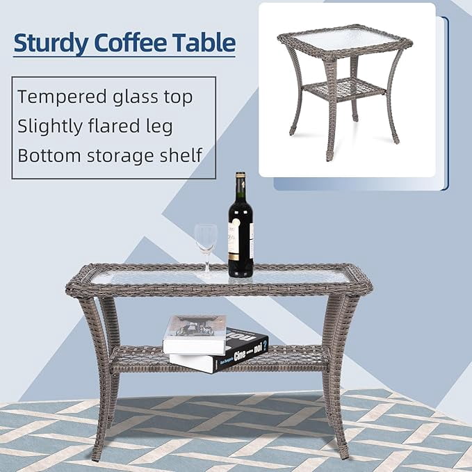 SOCIALCOMFY 5-Piece Wicker Patio Furniture Sets Outdoor All-Weather Rattan Conversation Set Includes Glider Loveseat, 2 Glass-Top Coffee Tables, 2 Swivel Rocking Chairs for Porch Backyard, Gray