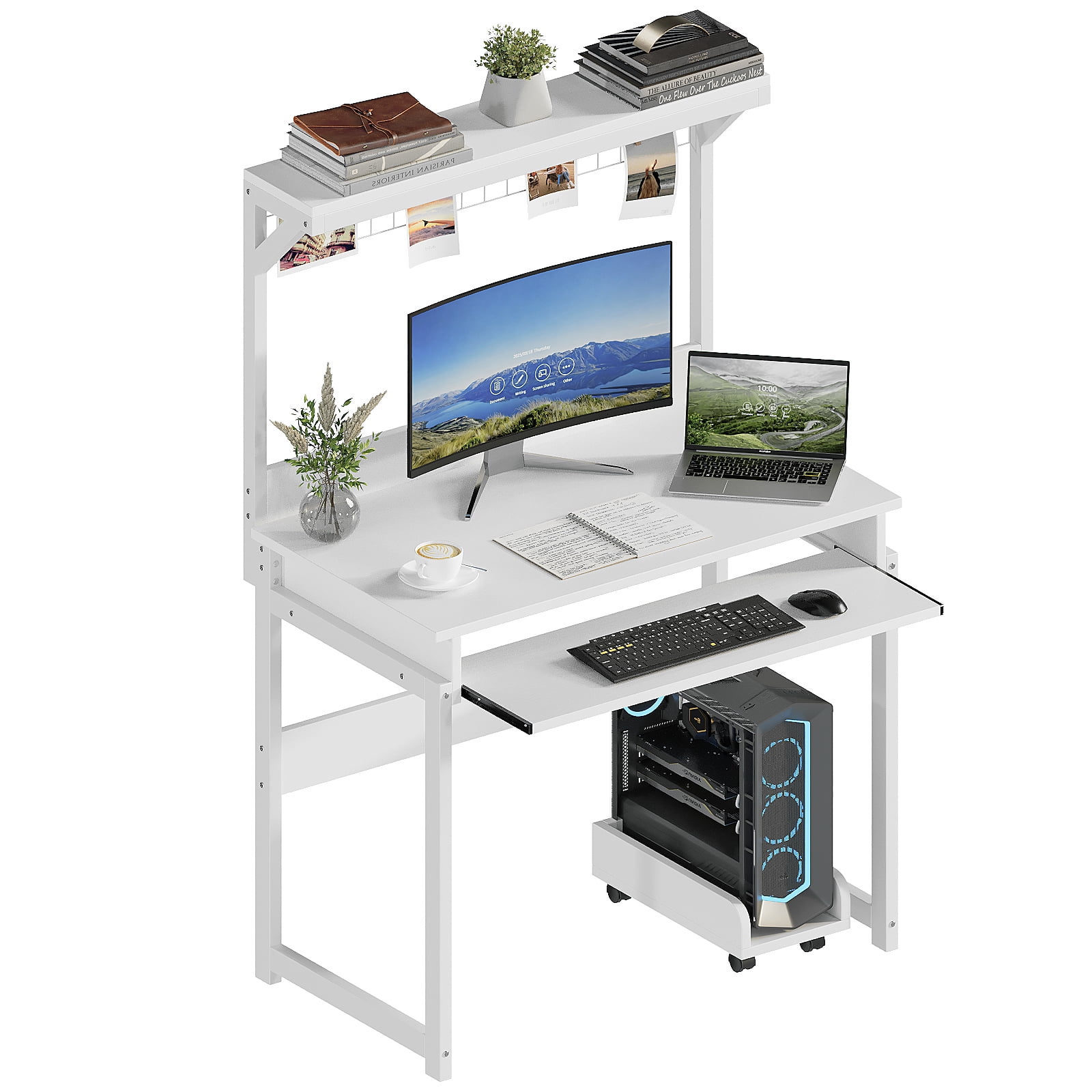 NEWSENDY Industrial Style Multi-tier Standing Computer Desk with Keyboard Tray & Storage Shelves, Sturdy Home Office Workstation for Adults