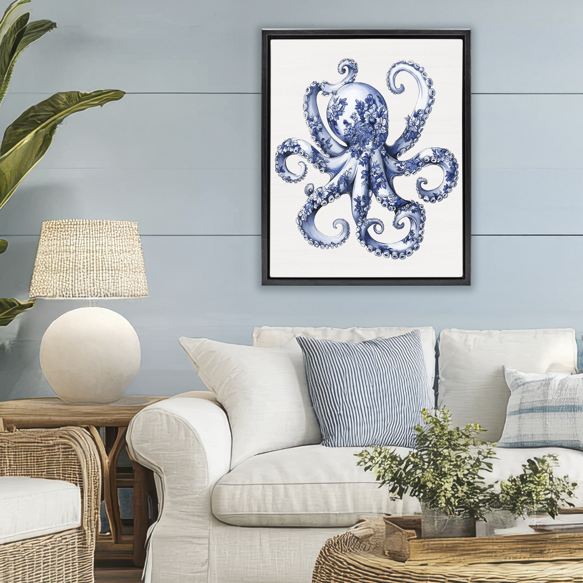 Funky Toile Octopus Black Framed Floater Canvas Wall Art, design by Lettered and Lined
