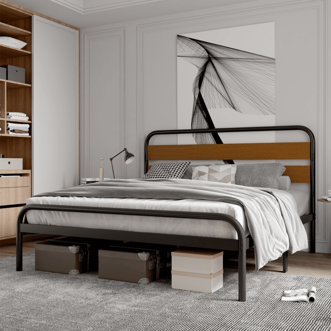 King Size Platform Bed Frame with Wood Headboard, Heavy Duty Bed Mattress Foundation with Storage, No Box Spring Needed, Easy Assembly, Brown