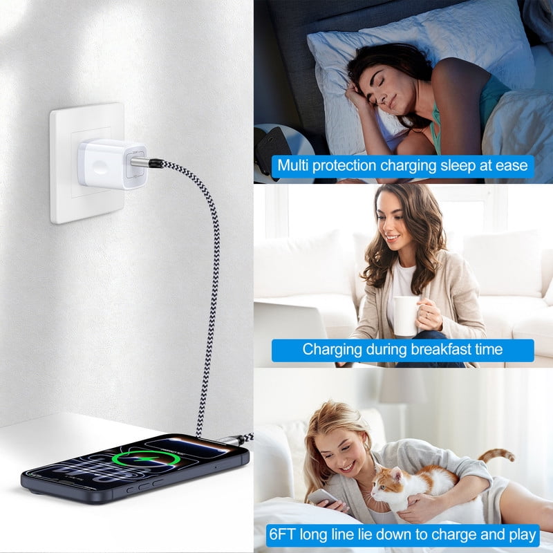 2 Pack PD 20W Fast Wall Charger Block, 20W Phone Charger with 6FT Type C Charger Block Cables, Compatible with iPhone 17/16/15 Pro Max iPad Pro Galaxy S26 Android,White