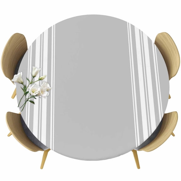 Grey Striped Table Cloth, Round Fitted Tablecloths with Elastic Edge, Luxurious White Stripes Modern Abstract Art Wipeable Waterproof Table Cover for Kitchen Wedding 55-60 Inches
