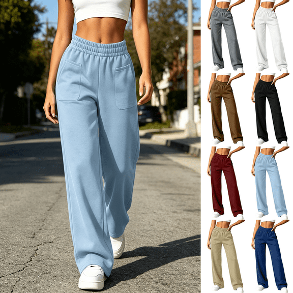 Womens Casual Sweatpants, Mid Rise Elastic Waist Straight Leg Pants with Pockets, Lounge Athletic Running Fitness Sports Wear | VerBelle,Black L