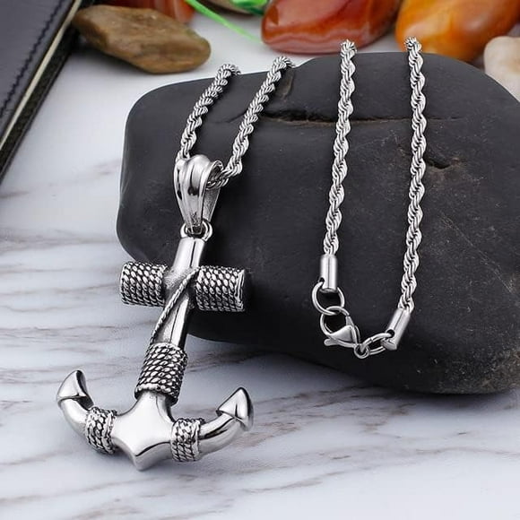 Silver Color Anchor Pendant Necklace for Men,Nautical Anchor Ship Wheel Mariners Pendant Women Men