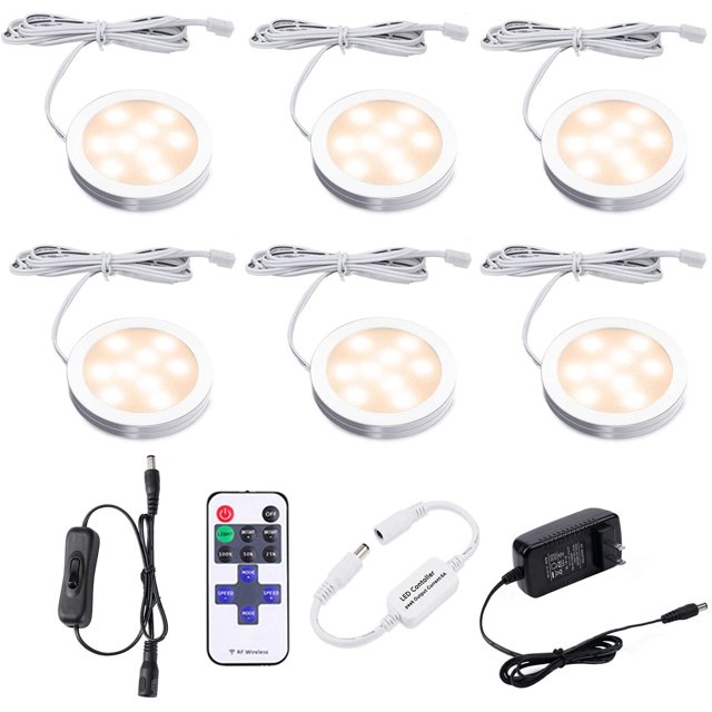 AIBOO Dimmable LED Under Cabinet Kitchen Lighting Counter Showcase Lighting Fixture with Plug in and Dimmable Wireless RF Control, 6 Ultra Slim Puck Lights Kit (6000K)