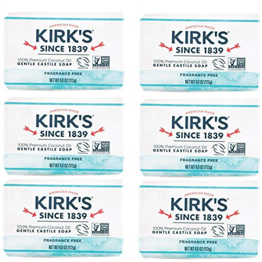 Castile Bar Soap by Kirk's | Clean Soap for Men, Women & Children | Premium Coconut Oil | Sensitive Skin Formula, Vegan | Fragrance-Free/Unscented | 4 oz. Bars - 6 Pack