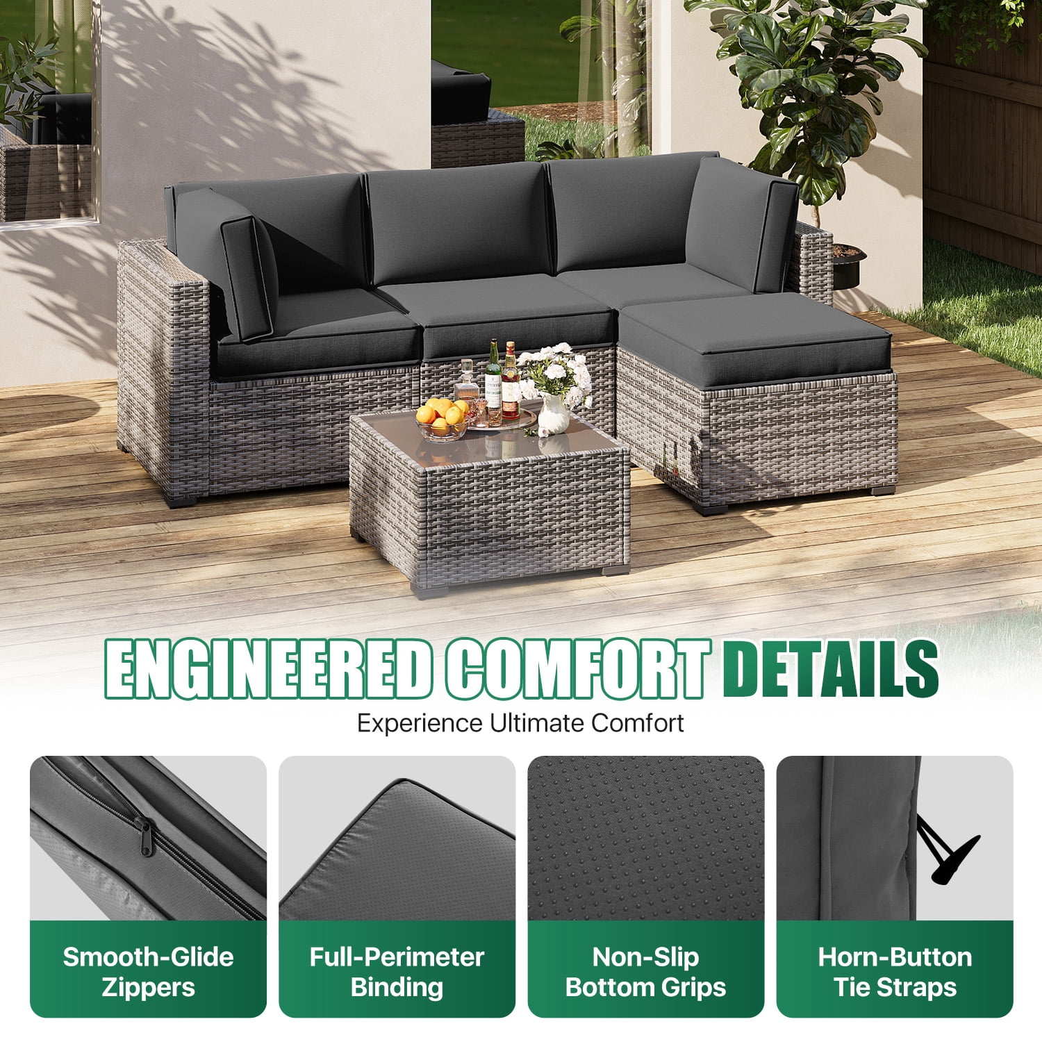 Clouddwell 9-Piece Outdoor Cushion Set for 4-Seat Wicker Sectional - Waterproof, High-Resilience Foam (Dark Gray)