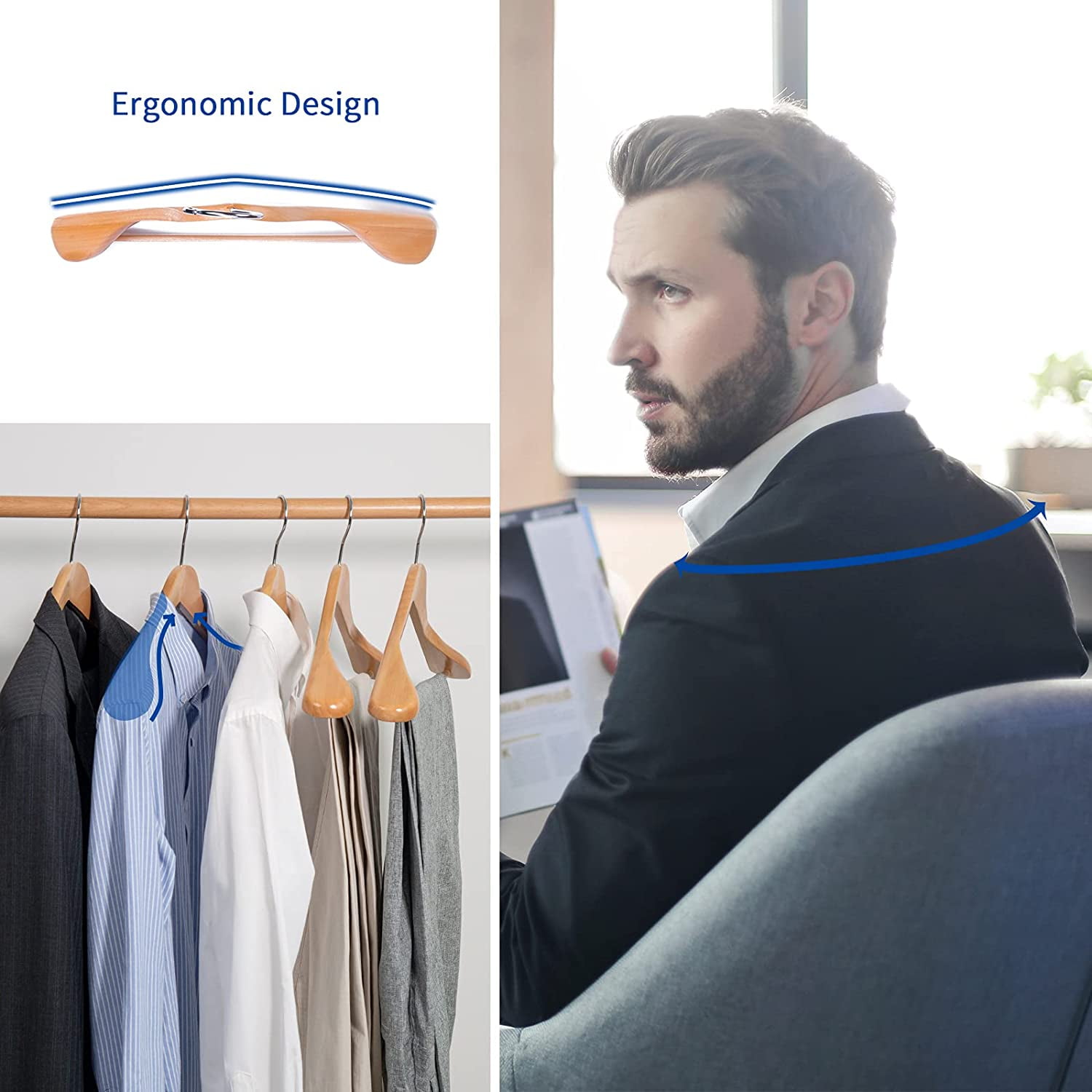 Luxury Natural Wooden Suit Hangers - 6 Pack with Glossy Finish, Extra-Wide Shoulders, 360-Degree Swivel Hooks and Anti-Slip Bar with Screw