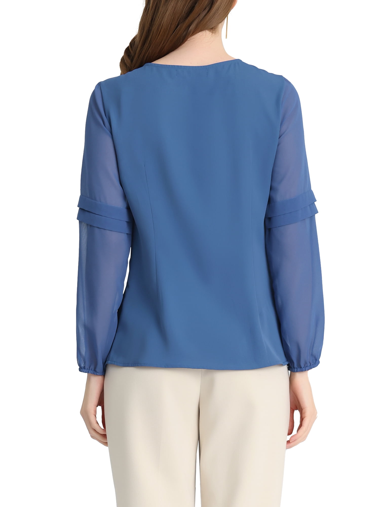 Unique Bargains Women's Chiffon Semi Sheer Long Sleeves Keyhole Neck Blouse XS Deep Blue