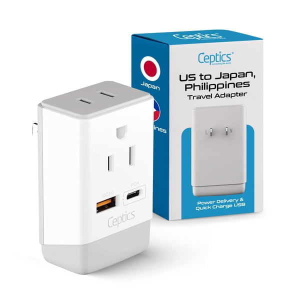 Ceptics Japan, Philippines Power Travel Plug Adapter, QC 3.0 & PD, Safe Dual USB & USB-C - 2 USA Socket Compact & Powerful - USA 3 Pin Polarized to 2 Prong Unpolarized - Type A - AP-6 Fast Charging
