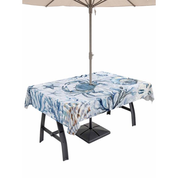 Outdoor Tablecloth with Umbrella Hole for Patio/Picnic/Party/Camping, Blue Crab Coastal Waterproof Table Cloth Rectangle Table Cover Washable, Summer Beach Coral Conch Shell (60"x 84")