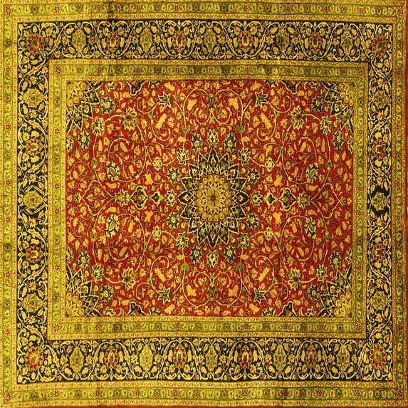 Ahgly Company Machine Washable Indoor Square Medallion Yellow Traditional Area Rugs, 5' Square