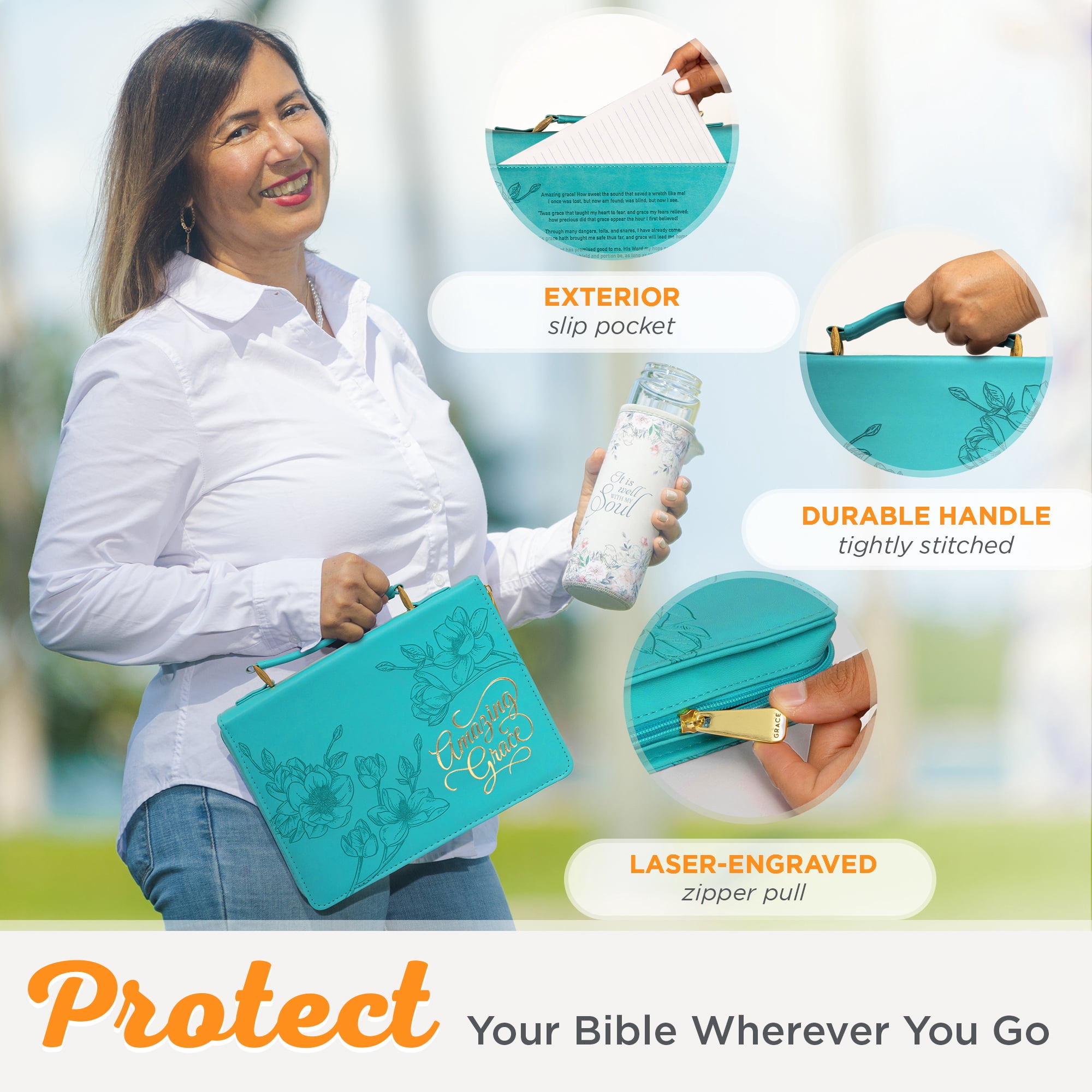 Christian Art Gifts Protective Teal Flower Faux Leather Bible Cover Carry Case with Handle for Women: Amazing Grace - Inspirational Song and Hymn Zippered with Pocket, Medium