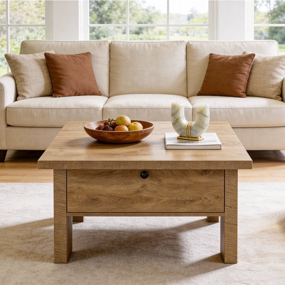 Finmind Coffee Table for Living Room, 31.5 Inch Square Coffee Table with Storage for Small Spaces , Brown