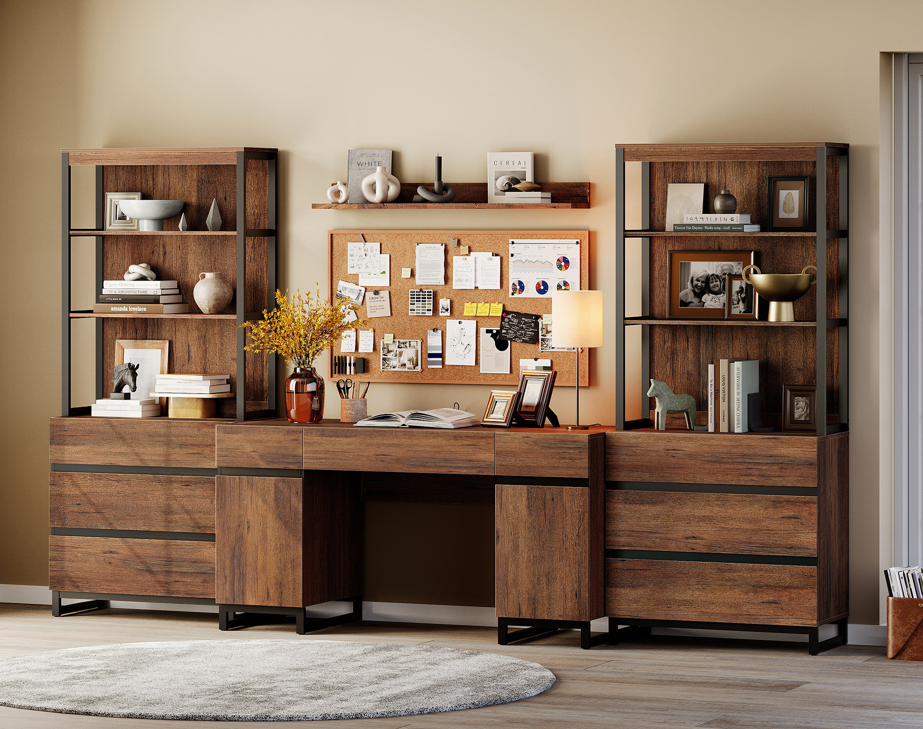 WAMPAT Home Office Furniture Set: 59" Executive Desk with Charging Station and Storage Cabinet, 72" Tall Bookcase with 6 Drawers, Modern Computer Desk and Library Shelf for Work Study, Brown