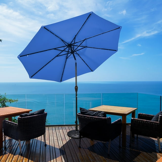 Costway Parasol Solaire de Patio 10 Pi, Parasol de Marché à DEL, Acier Inclinable avec Manivelle, Extérieur, Bleu, Neuf