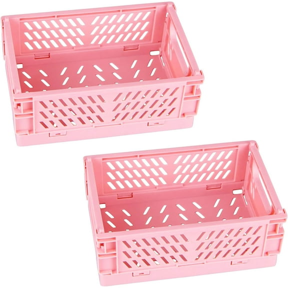 Mini Foldable Plastic Organizing Baskets, Collapsible Storage Crates, 2-Pack, 5.9×3.8×2.2 in, Pink