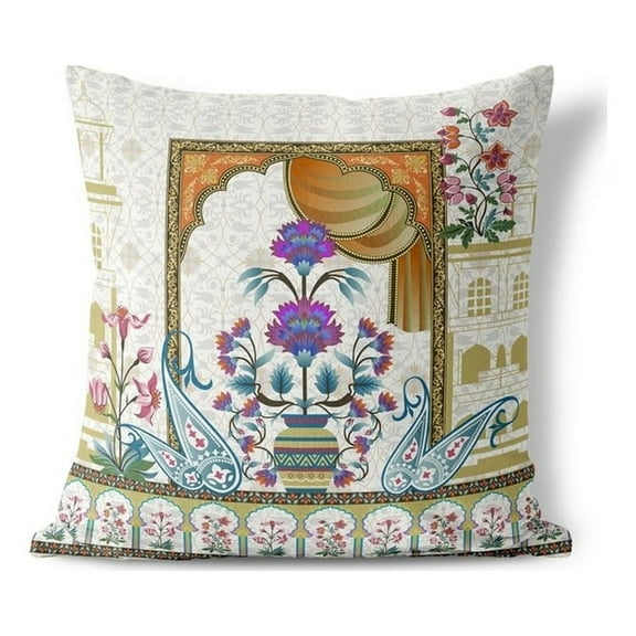 Mughal Paradise Throw Pillow with Removable Cover in White 16x16