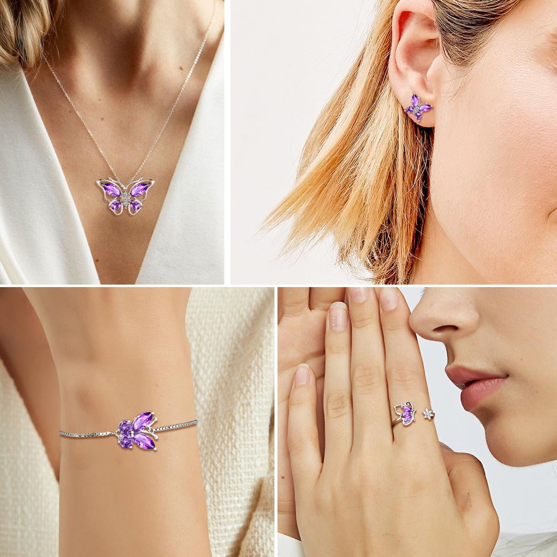 February Birthstone Jewelry Set Amethyst Purple Butterfly Fine Necklace/Earrings/Ring/Bracelet Sterling Silver Women Birthday Mother's Day Gifts