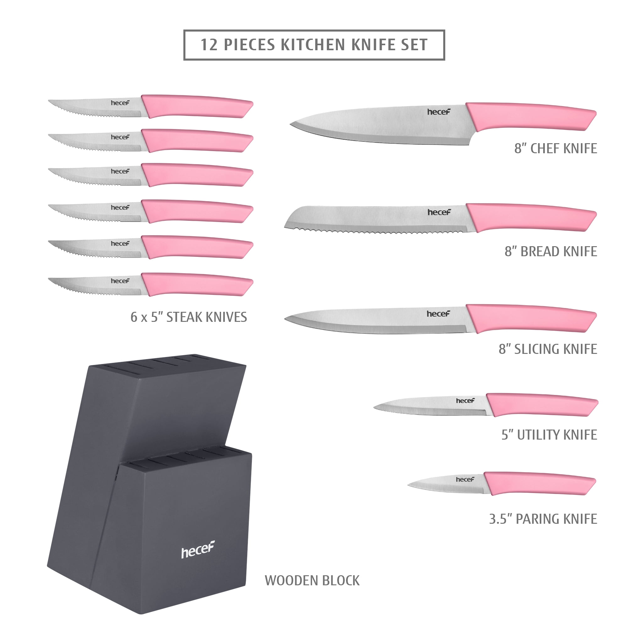 Hecef 12-Piece Stainless Steel Kitchen Knife Block Set with Steak Knives