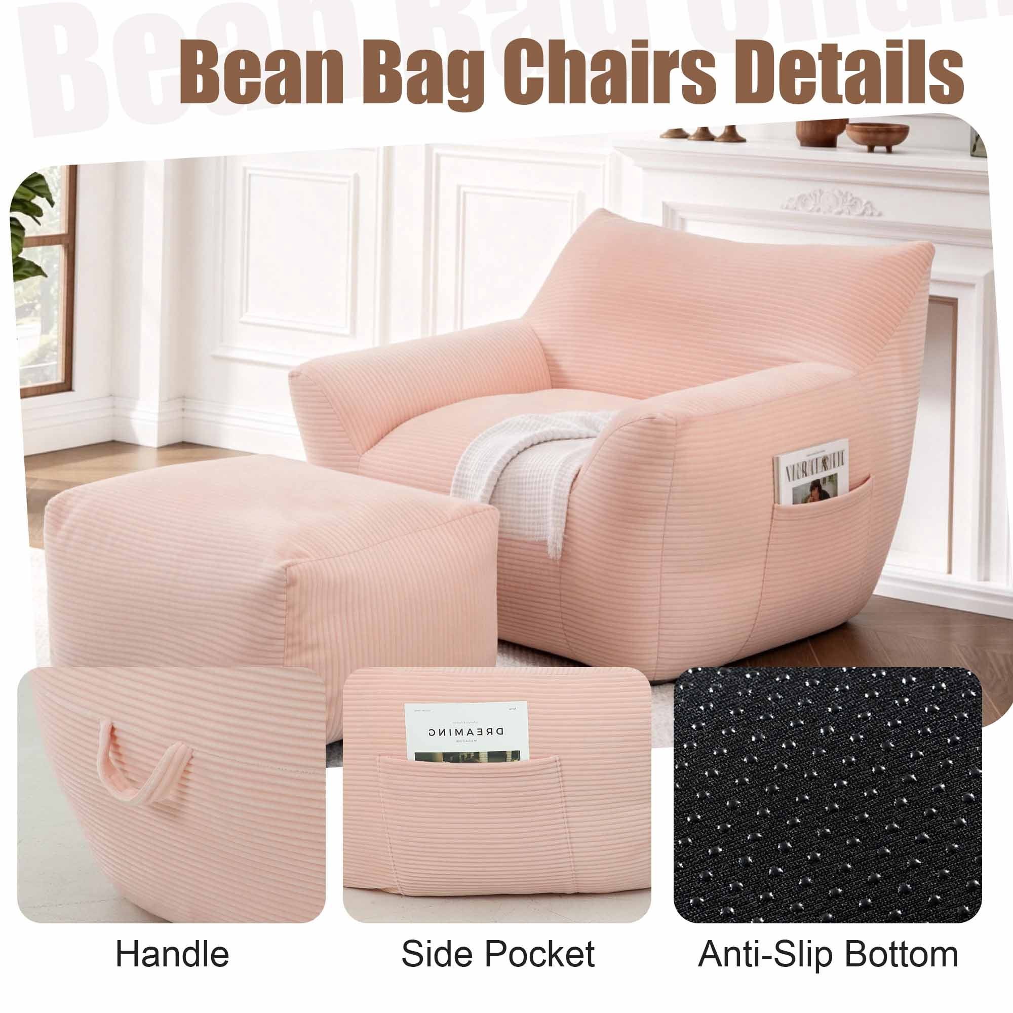 Lunale Oversized Bean Bag Chair with Ottoman, Boneless Lazy Sofa Chair for Bedroom, Living Room, Pink Corduroy