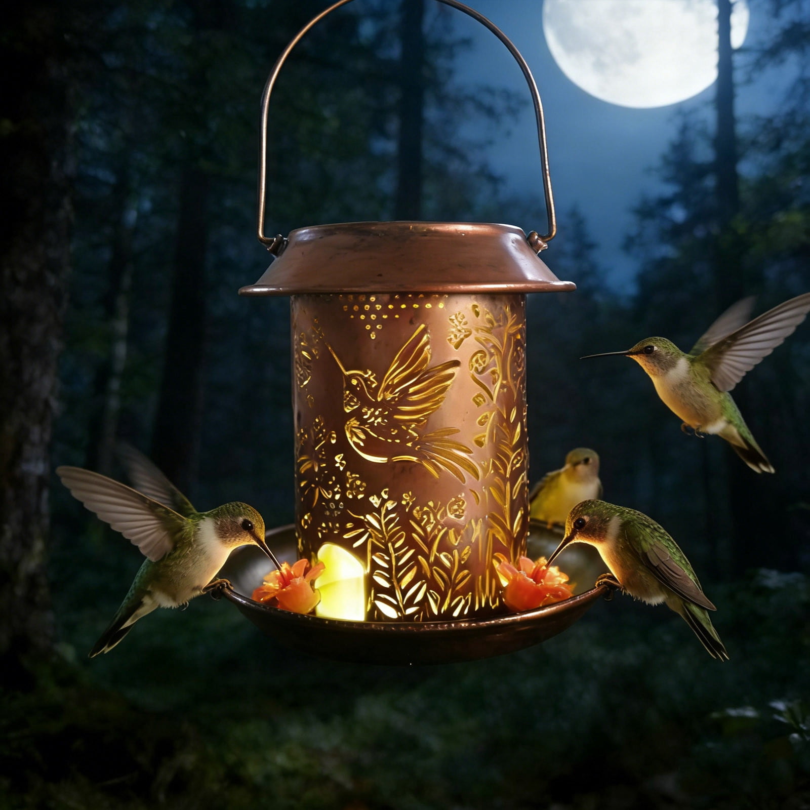 Rijanmt Metal Hanging Bird Feeder with Solar Lamp,Outdoor Waterproof Birdfeeder Tray,Warm Color Solar Light,Hollowed Vintage Chinese Flowers Birds Cover,for Home Garden Porch Wall Tree Decoration