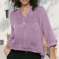 thumbnail image 5 of Oversized Tshirts for Women, Pocket Solid Color V Neck Cotton Long Sleeved Loose Casual Shirt, Purple S, 5 of 5