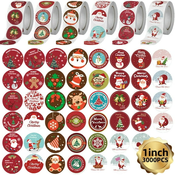 Christmas Stickers Roll, 1-Inch Self-Adhesive Envelope & Round Stickers for Xmas Party Supplies and Holiday Greetings, 3000 Pcs