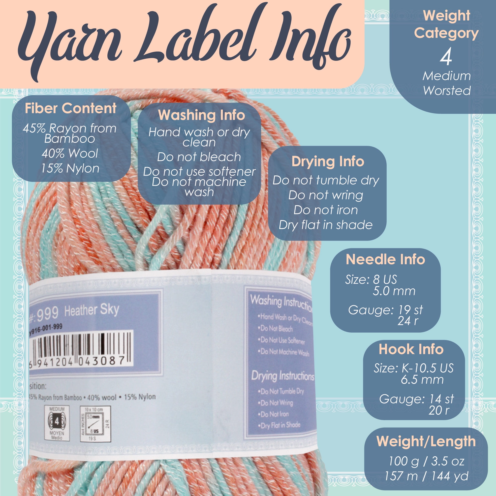 JubileeYarn Soft and Slim Worsted Yarn - Bamboo Wool Blend - Heather Sky - 100g/Skein - 4 Skeins
