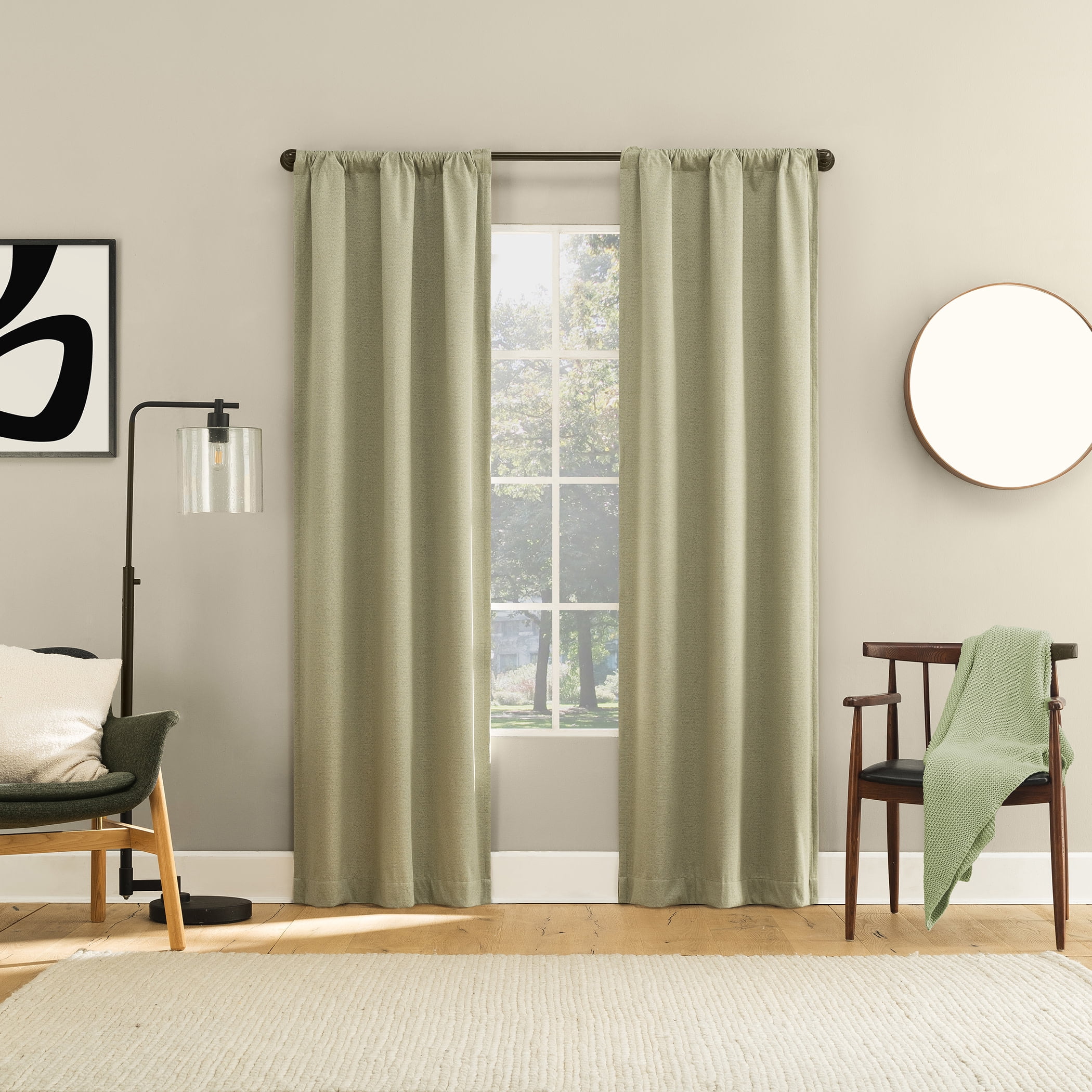 Sun Zero Prescott 2-pack Herringbone Magnetic Closure 100% Blackout Rod Pocket Curtain Panel Pair, 37"W x 84"L, Sage Green