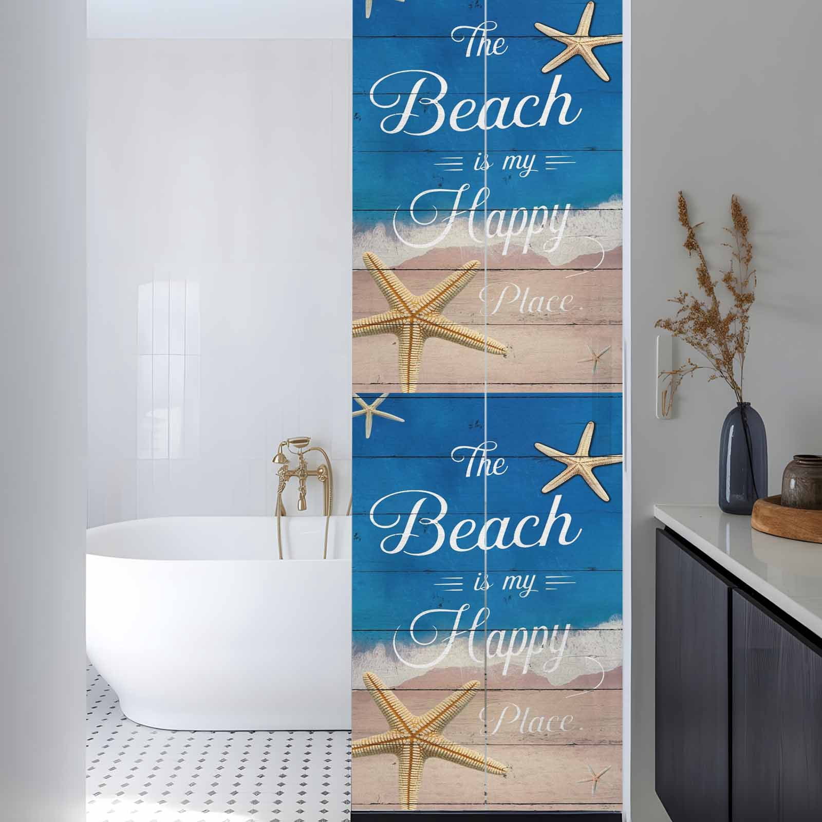The Beach Is My Happy Place Window Privacy Film, Summer Starfish Beach Board Frosted Glass Window Clings Static Cling UV Heat Blocking Reusable Door Sticker for Bathroom 29.5 x 118 Inch