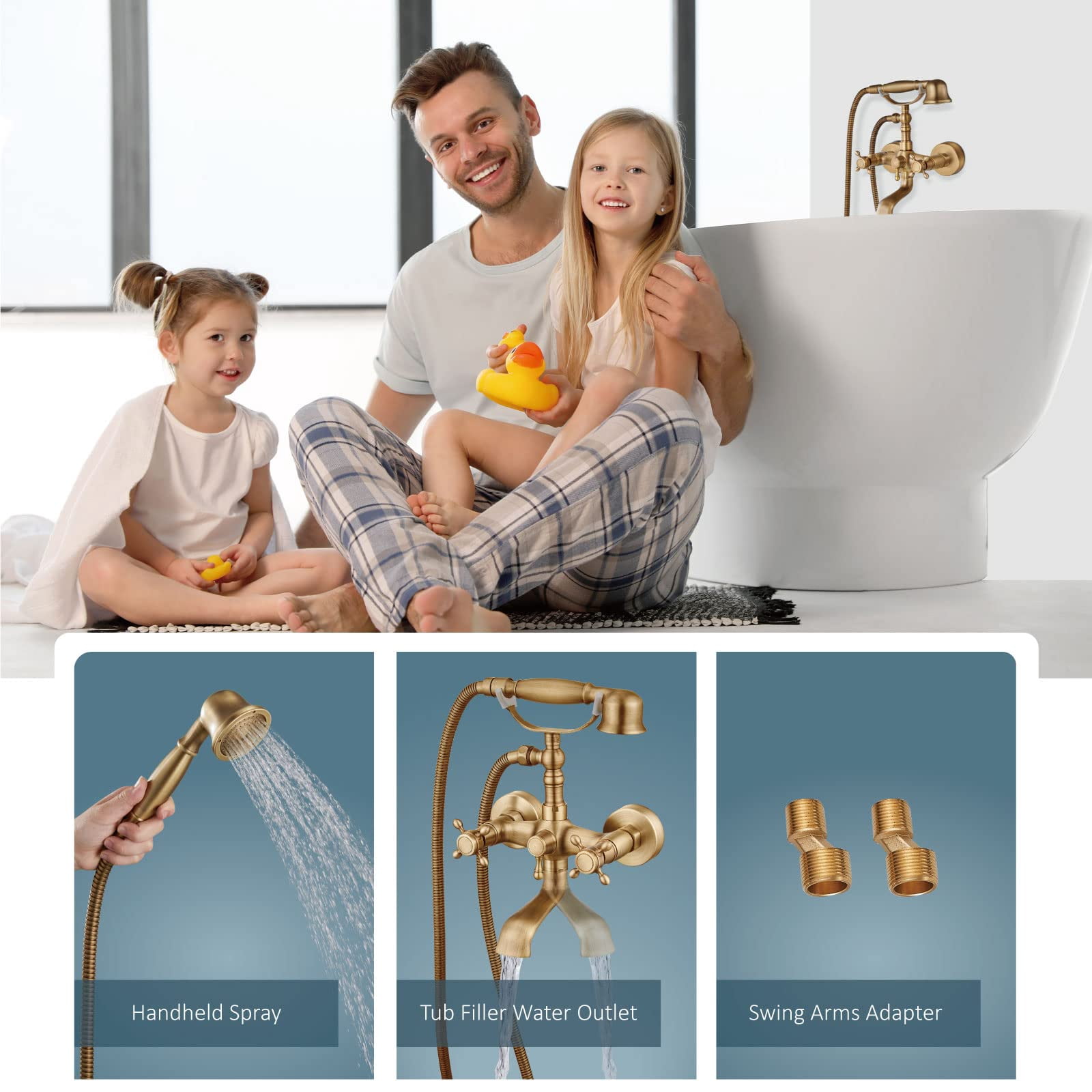 Wall Mount Bathtub Faucet Antique Brass Cross Handle with Handheld Sprayer