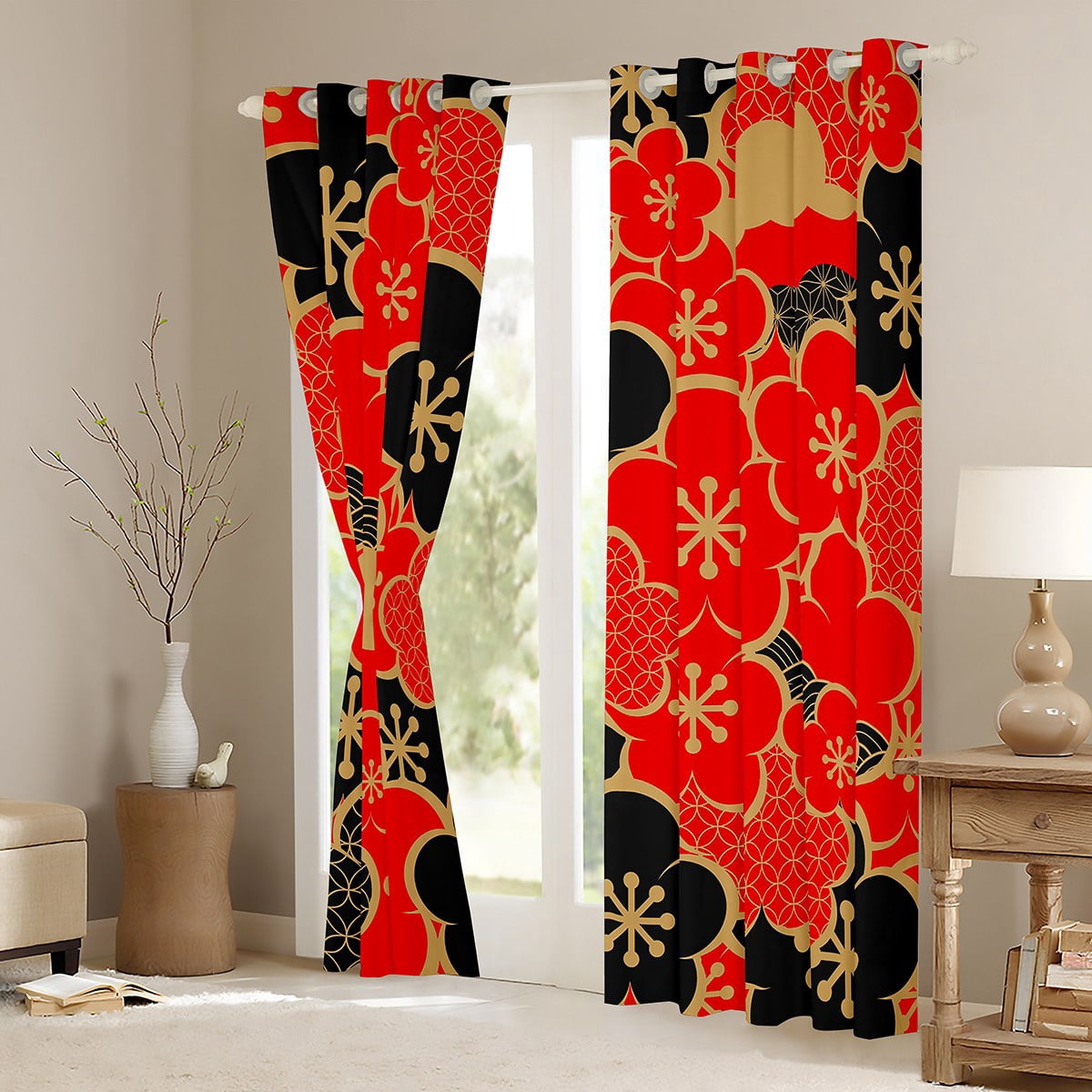 Japanese-Style Curtains Women Cherry Blossoms Curtains & Drapes, Black and Red 30%-50% Blackout Curtains Girly Flower Floral Bedroom Curtains, Exotic Oriental Window Treatments