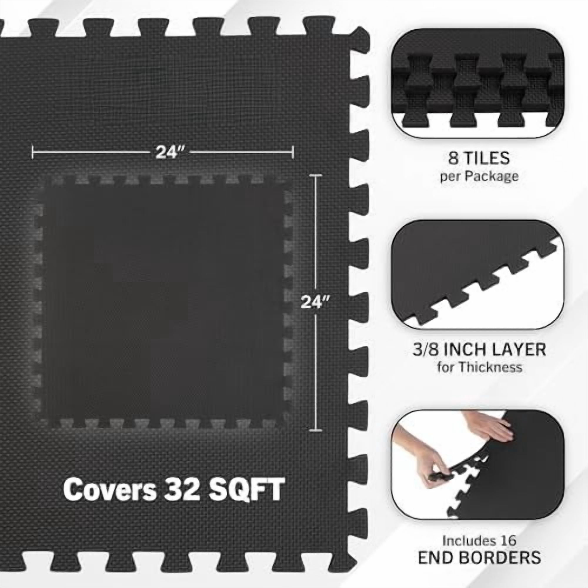 EVA Foam Mat Tiles 8-Pack - 32 SQ FT of Interlocking Padding for Garage, Playroom, or Gym Flooring - Exercise Mat or Baby Playmat by  (Black)