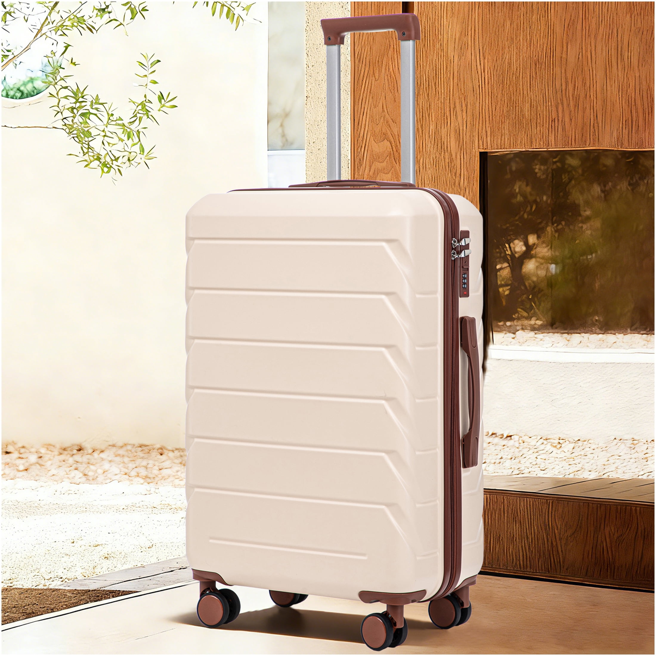 JERFIT 28 Inch Checked Luggage with Spinner Wheels, ABS Hard Shell Suitcase, TSA Lock, Beige Large Travel Suitcase