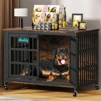 POAO 46.06"L Wooden Dog Crate Furniture,Double Doors Kennel Indoor with Name Tag,Sturdy Metal Dog Cage for Anxiety Dog for Decoration,Brown