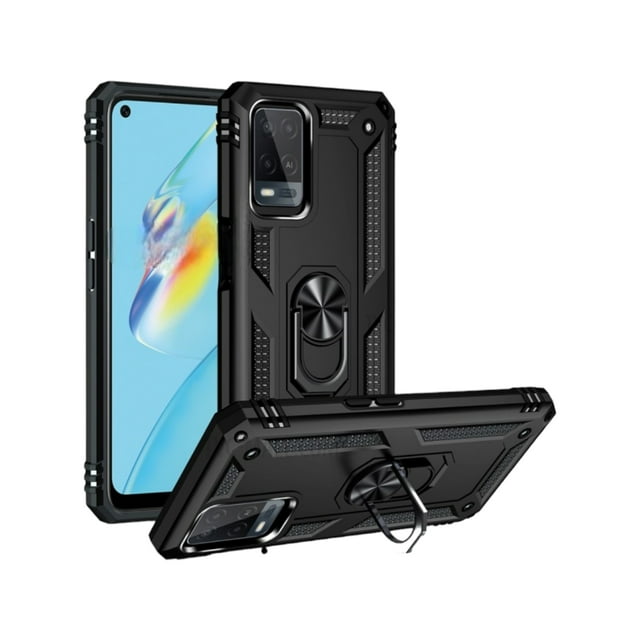 Funda Uso Rudo Con Anillo Magnético Para Oppo A16 / A54 Negro Más 2 Micas De Cristal