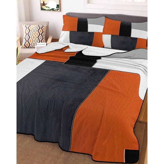 Burnt Orange Black Grey Queen Size Down Alternative Comforter, Lightweight Comforter Quilt Bedding Set with Pillow Shams Geometric Modernism Color Block All Seasons Bed Comforter Duvet Insert 90"x96"