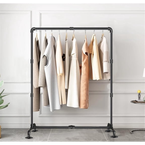 Industrial Pipe Clothing Rack Free Standing Vintage Commercial Grade Black Metal Garment Organizer with 4 Stable Feet for Hanging Clothes Retail Display Home Bedroom