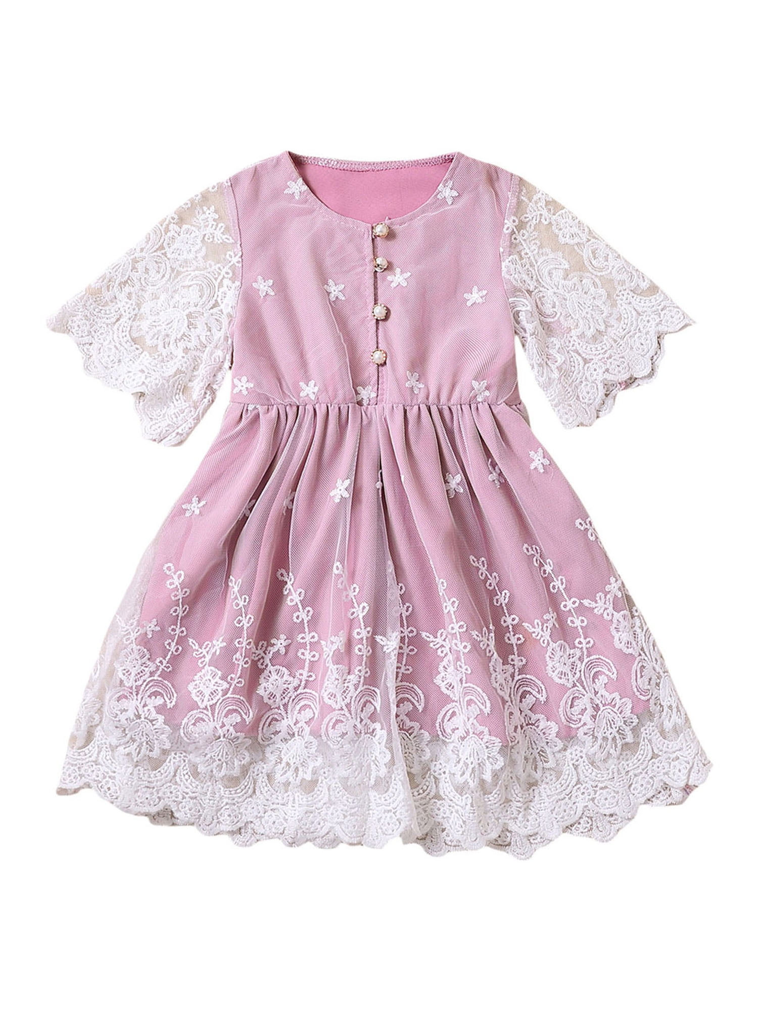 Kids Girls Summer Lace Aline Dress Little Girls Short Sleeve Button
