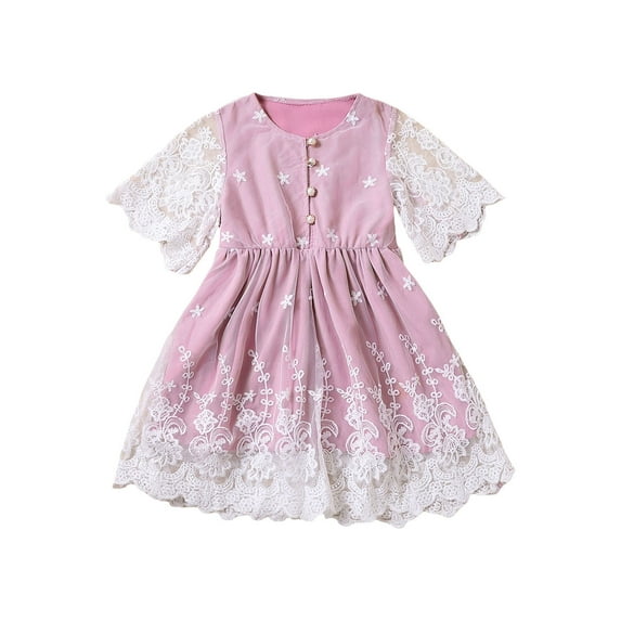 Kids Girls Summer Lace A-line Dress Little Girls Short Sleeve Button Down Princess Dress Casual Floral Print One Piece Dress for Birthday Party 1-6T