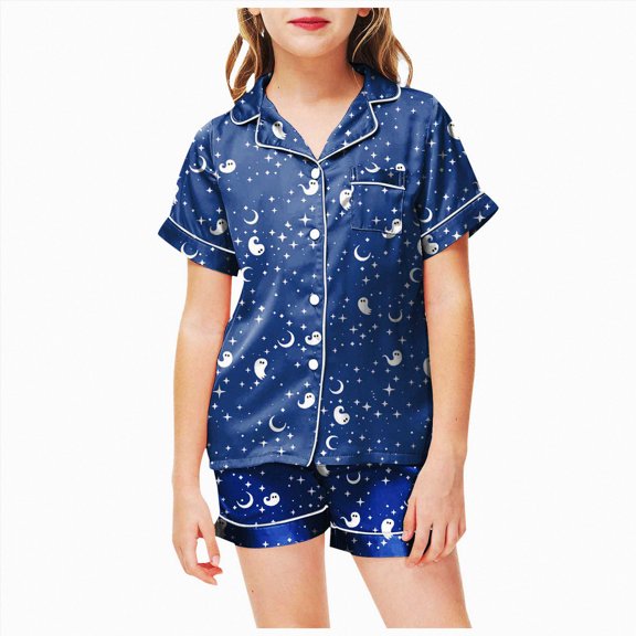 Cdudpw Halloween Pajamas Toddler Girl Print Halloween Pajama Set Short Sleeve Button Down Shirt Fall 2 Piece Outfits(A017-Dark Blue)