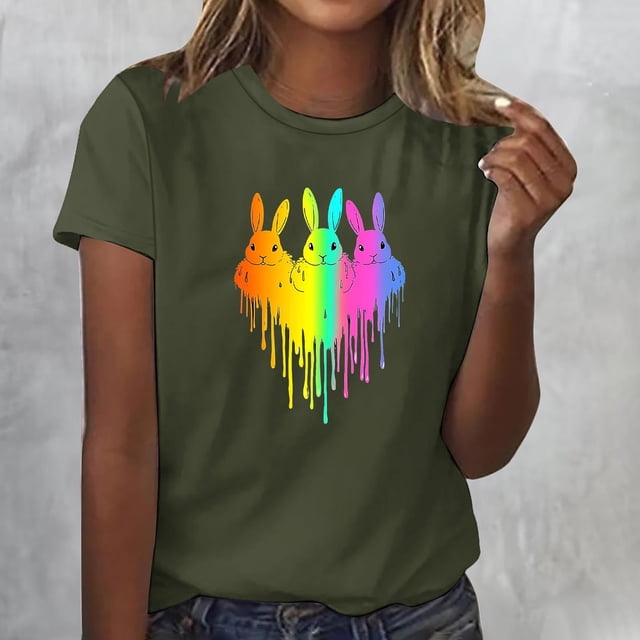 Xuyuer Easter Tshirt Women Tie Dye Happy Easter Tie Dye Shirts Funny Bunny T-Shirt Rabbit Graphic Short Sleeve Tee Tops Short Sleeved Round Neck Pullover Fashionable