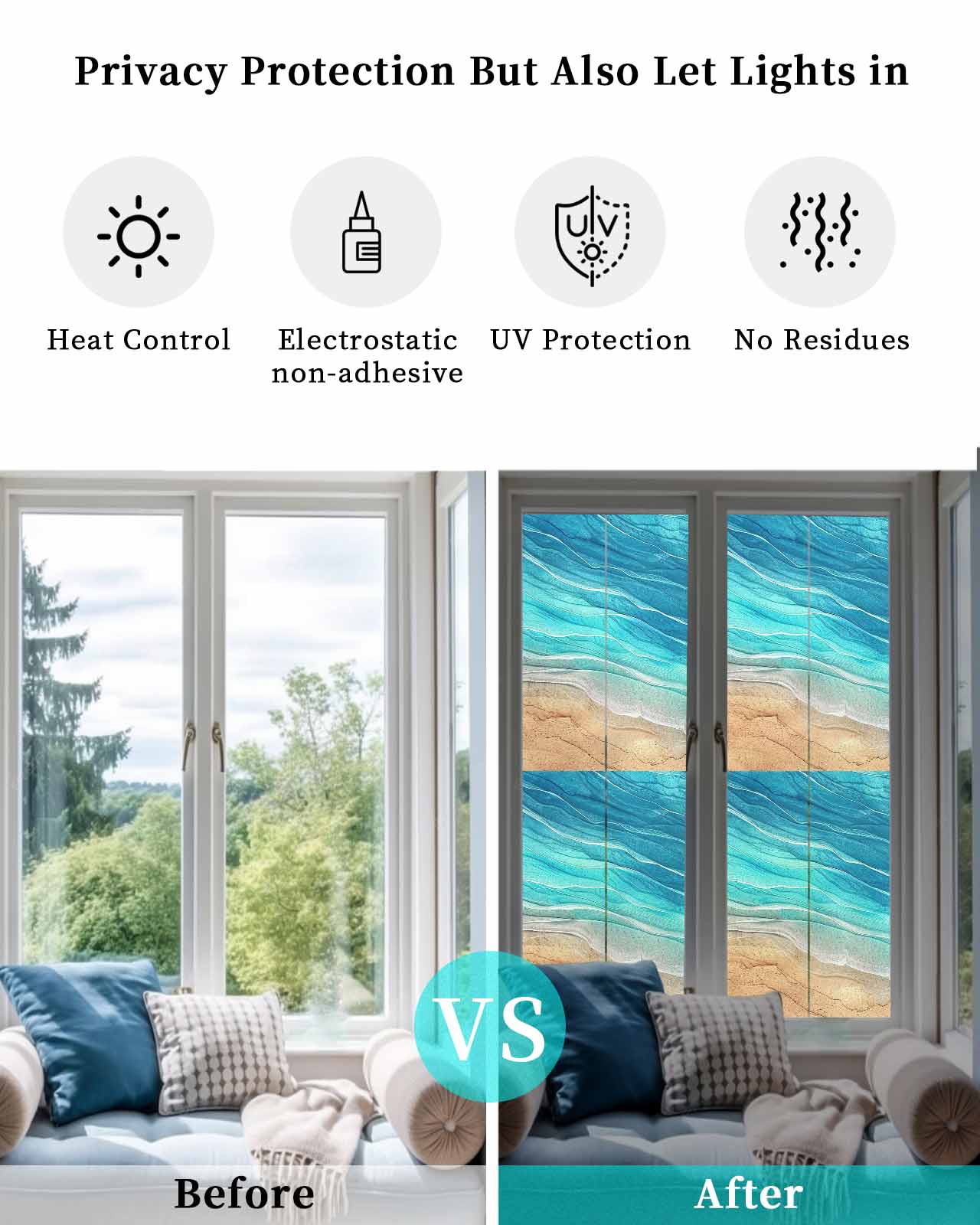 Window Privacy Film, Turquoise Ocean Ombre UV Sun Blocking Window Tint Film Heat Control One Way Blackout Window Film, Spring Summer Coastal Sea Wave Non Adhesive Static Cling Sticker 23.6x78.7 In