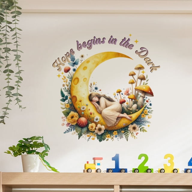 Adhesivos de pared con dibujos animados de niña luna con flores, PVC, 40 x 40 cm