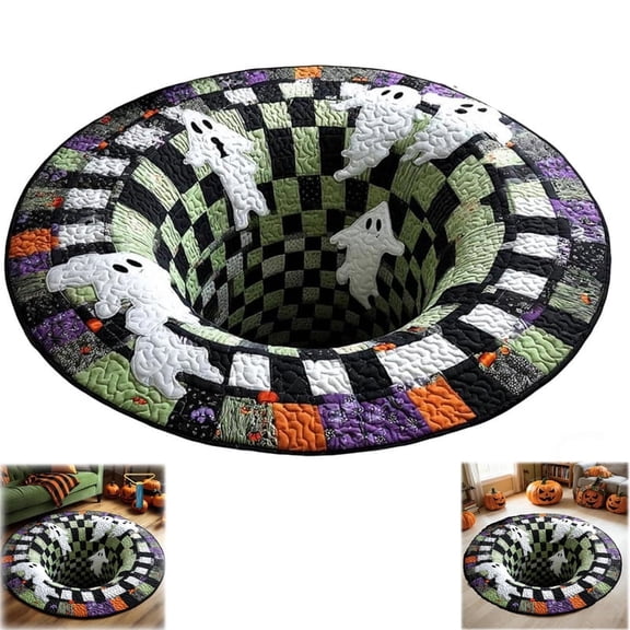 3D Halloween Rug, Optical Illusion Rugs, Ghost Vortex Quilted Round Rug , Non-Slip Soft Fabric