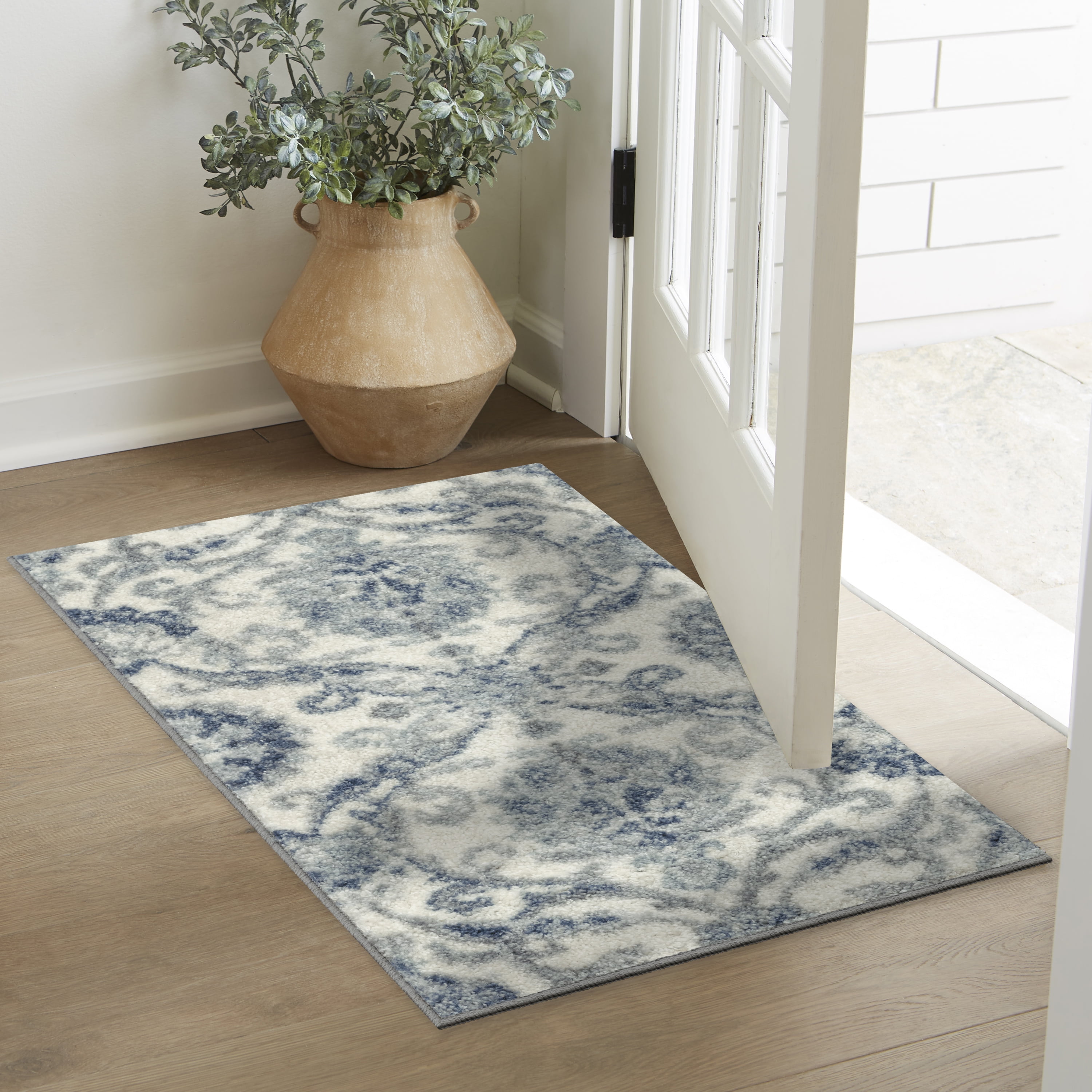 Maples Rugs Blooming Damask Transitional Gray Blue Washable Entryway Area Rug, 1'8 x 2'10