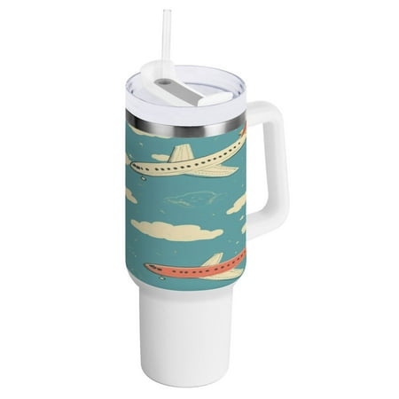 

40 Oz Car Handle Water Bottle 10.8x3.85 Inch Handle And Straw Travel Water Bottle Reusable Stainless Steel Water Bottle Cute Cartoon Little Plane