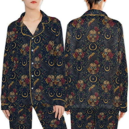 Lotusprinthandmade Vintage Raven Floral Skull Art All-over Print Satin Pajamas Set (M) - Gothic Raven Pajamas Set