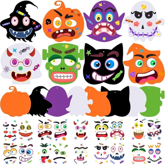 Miguan Halloween Crafts Set, Halloween Activitie Art and Craft Foam Pumpkin Cat Bat Ghost Witches with Self Adhesive Face Stickers Kits for Holiday Decorations Game Party Favors